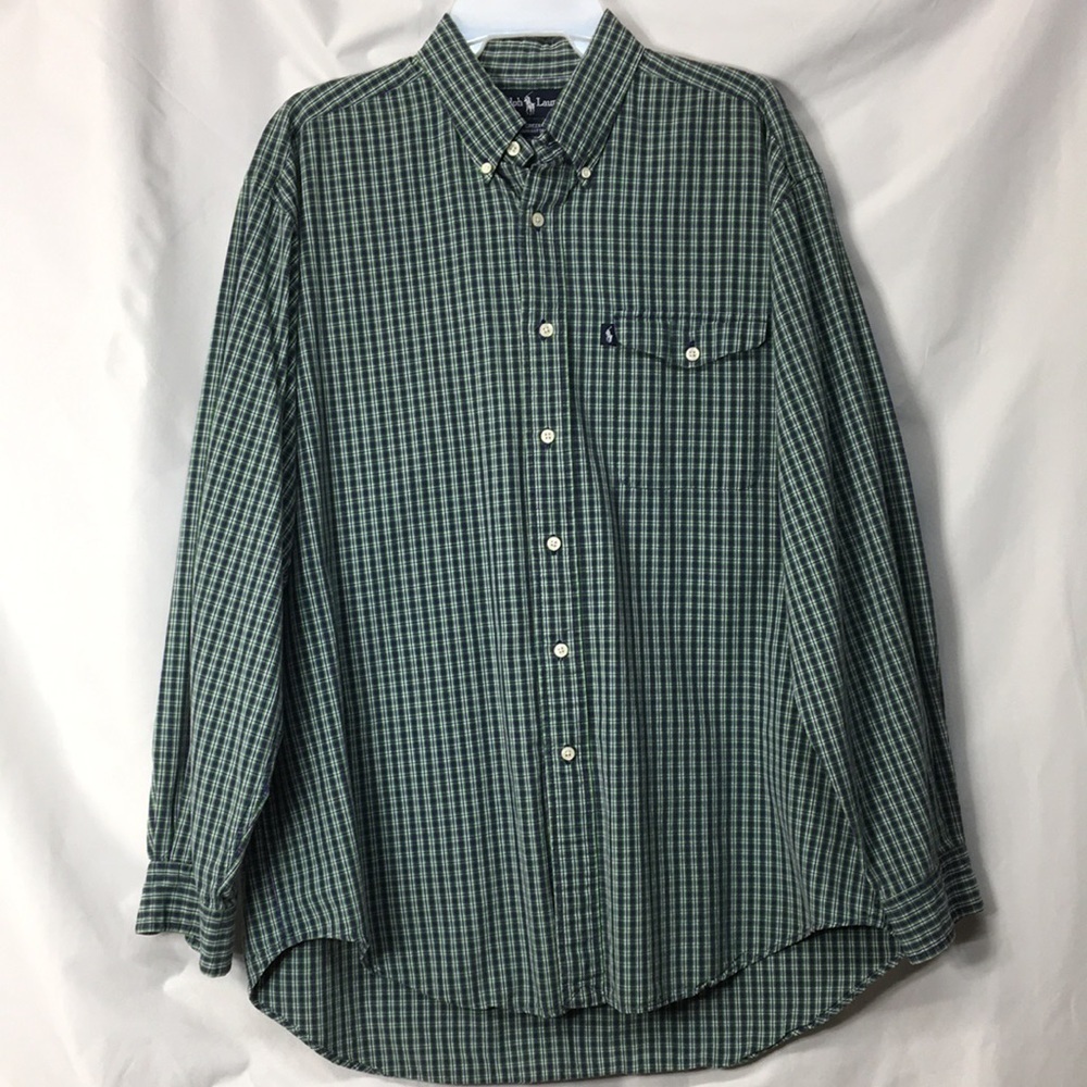 Ralph Lauren Mens Blue & Green Plaid Button Down Shirt Size L Like-NEW Condition